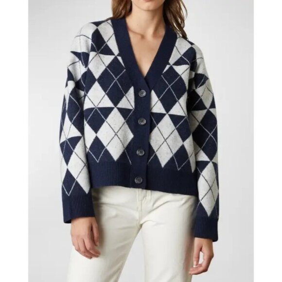 Velvet Graham & Spencer Argyle Navy Grandpa Crop Cardigan Sweater S RM10202 NWT - Picture 2 of 10